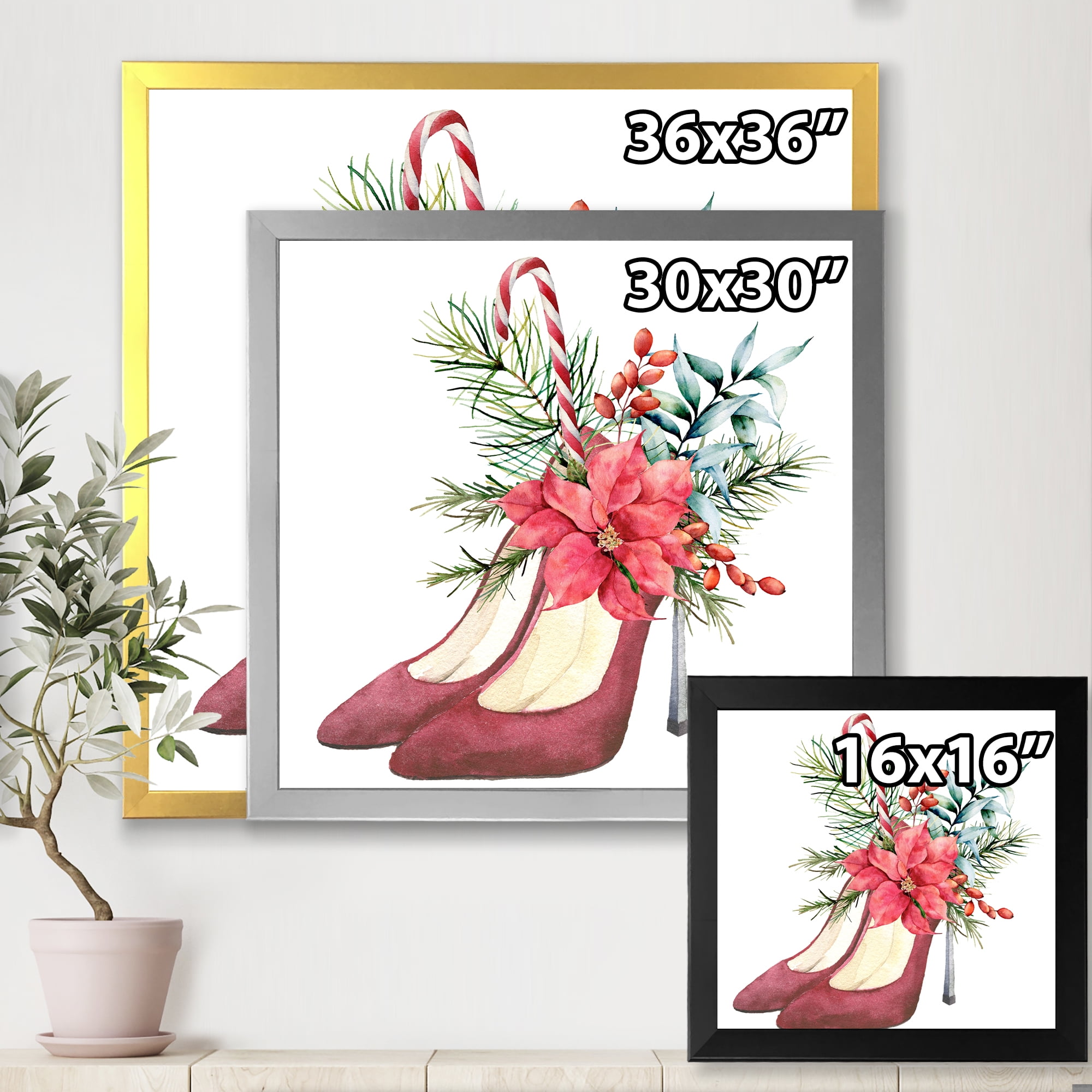 Designart 'Red Suede Heeled Shoes With Christmas Red Floral Decor' Traditional Framed Art Print