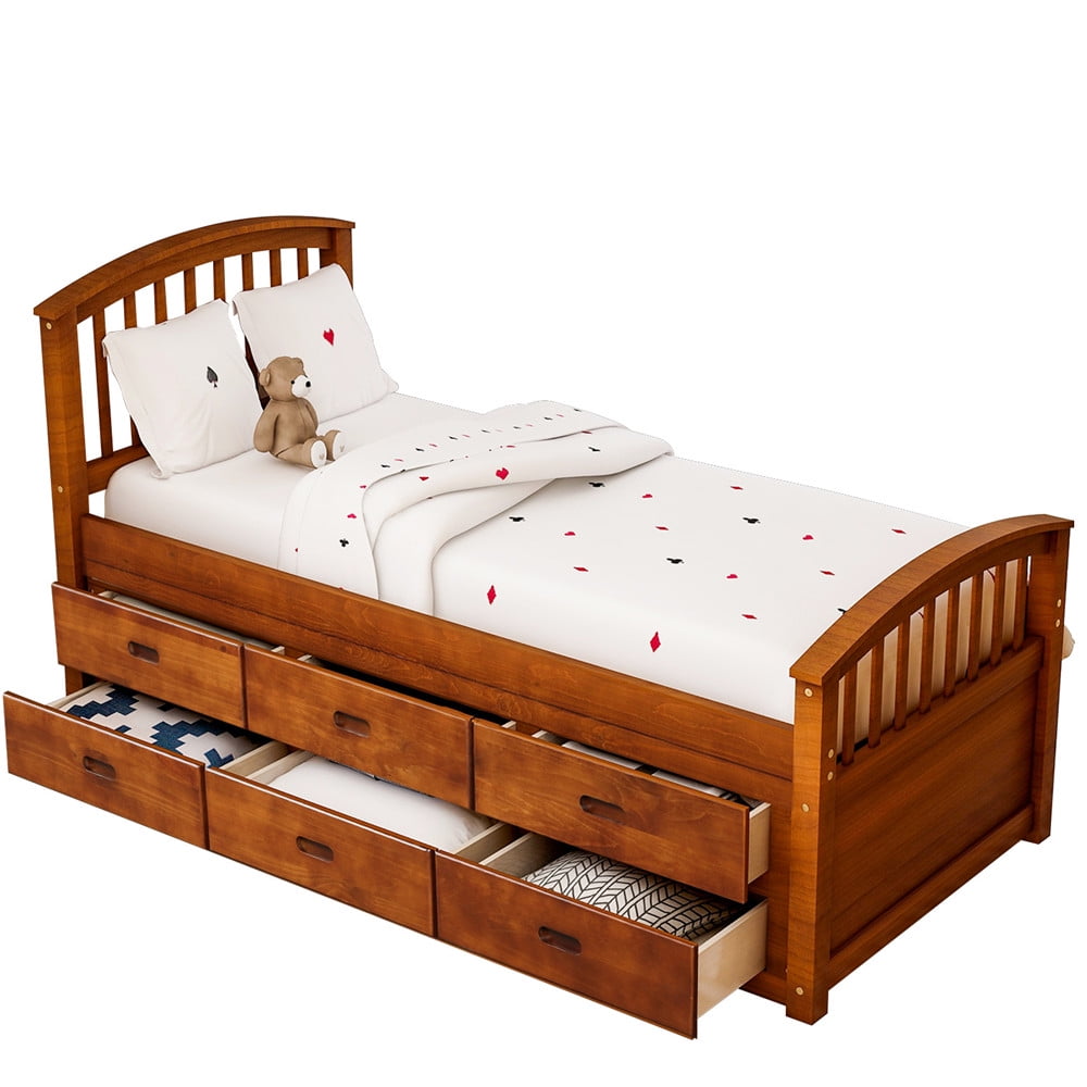 Twin Size Platform Storage Bed with 6 Drawers Rustic Solid Wood