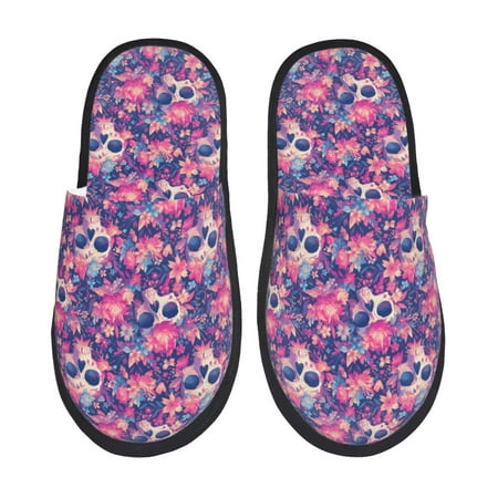 Balery cool Skull flower colorful Slient Indoor Furry Fleece Comfort House Shoes Soft Non-Slip Home Shoes Cotton slippers House Slippers-- Medium