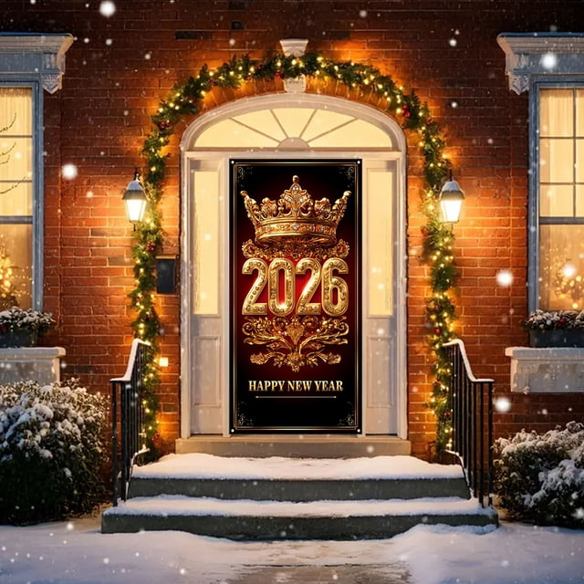 Tapiz Decorativo para Puerta de Feliz Año Nuevo | Poliéster | 90 X 180 Cm | Decoración para Fiestas Navideñas | Aula Escolar | Tapiz Colgante de Invierno