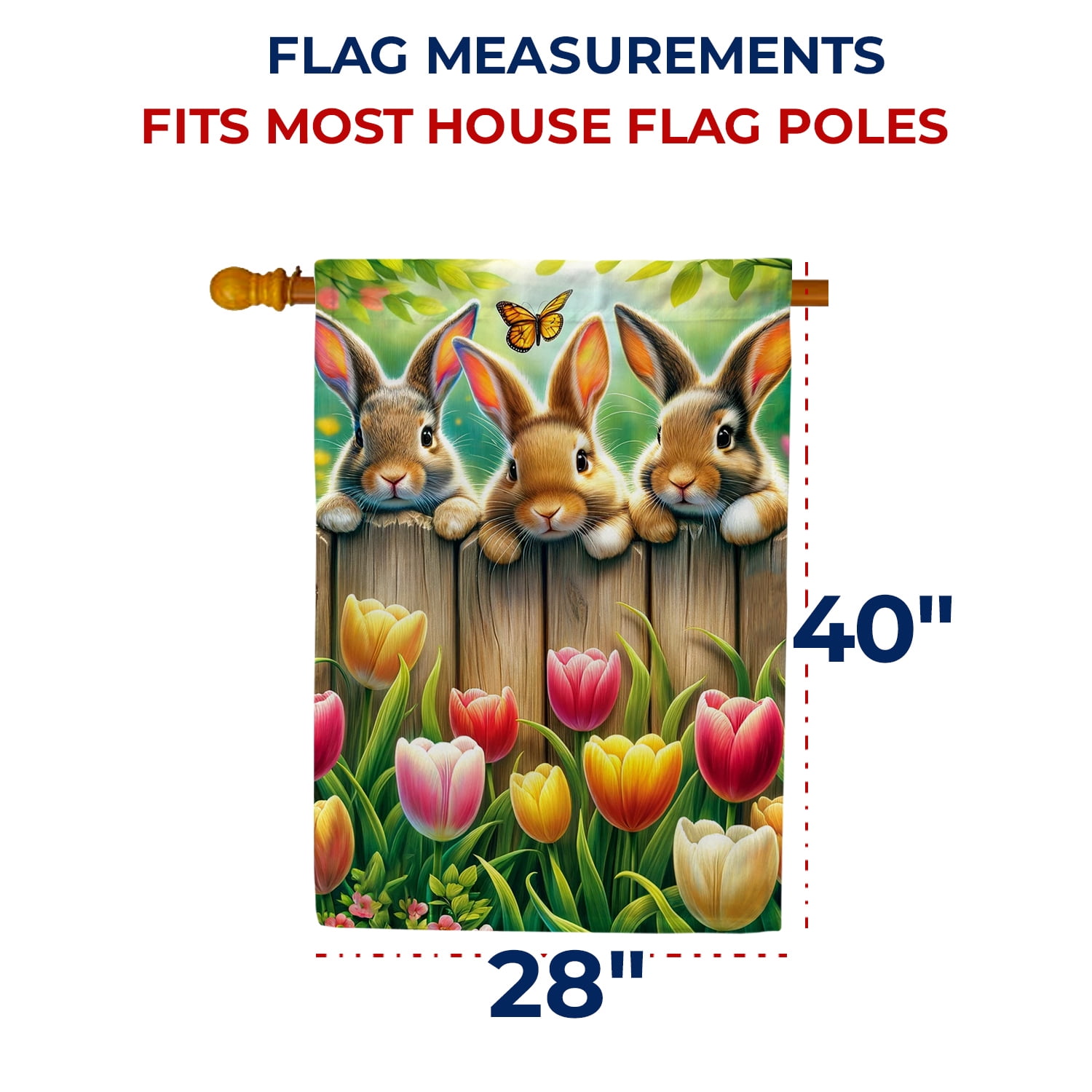 America Forever Bunnies Spring House Flag, 28” x 40” Double Sided, Spring Summer Easter Day Flags, Three Cute Bunnies Tulip Garden and Butterflies, for Outdoor Patio and Home Decoration