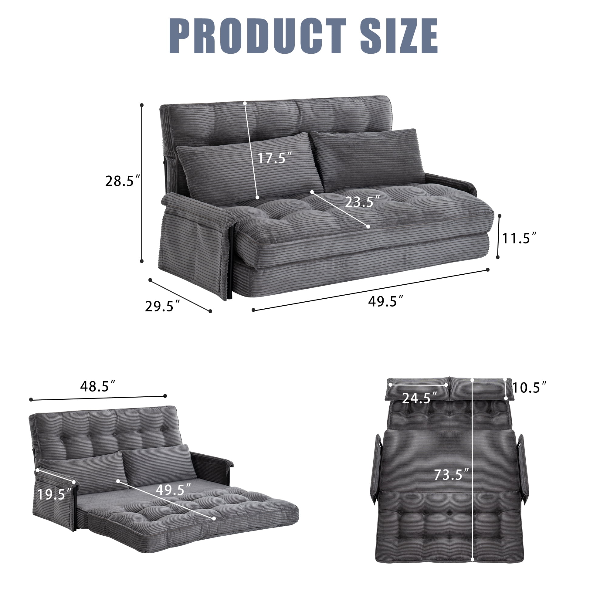 Convertible 5-Position Foldable Lazy Sofa Sleeper Bed with Armrest,Adjustable Floor Sofa Couch with 2 Pillows,Fold Out Floor Couch,Dark Grey