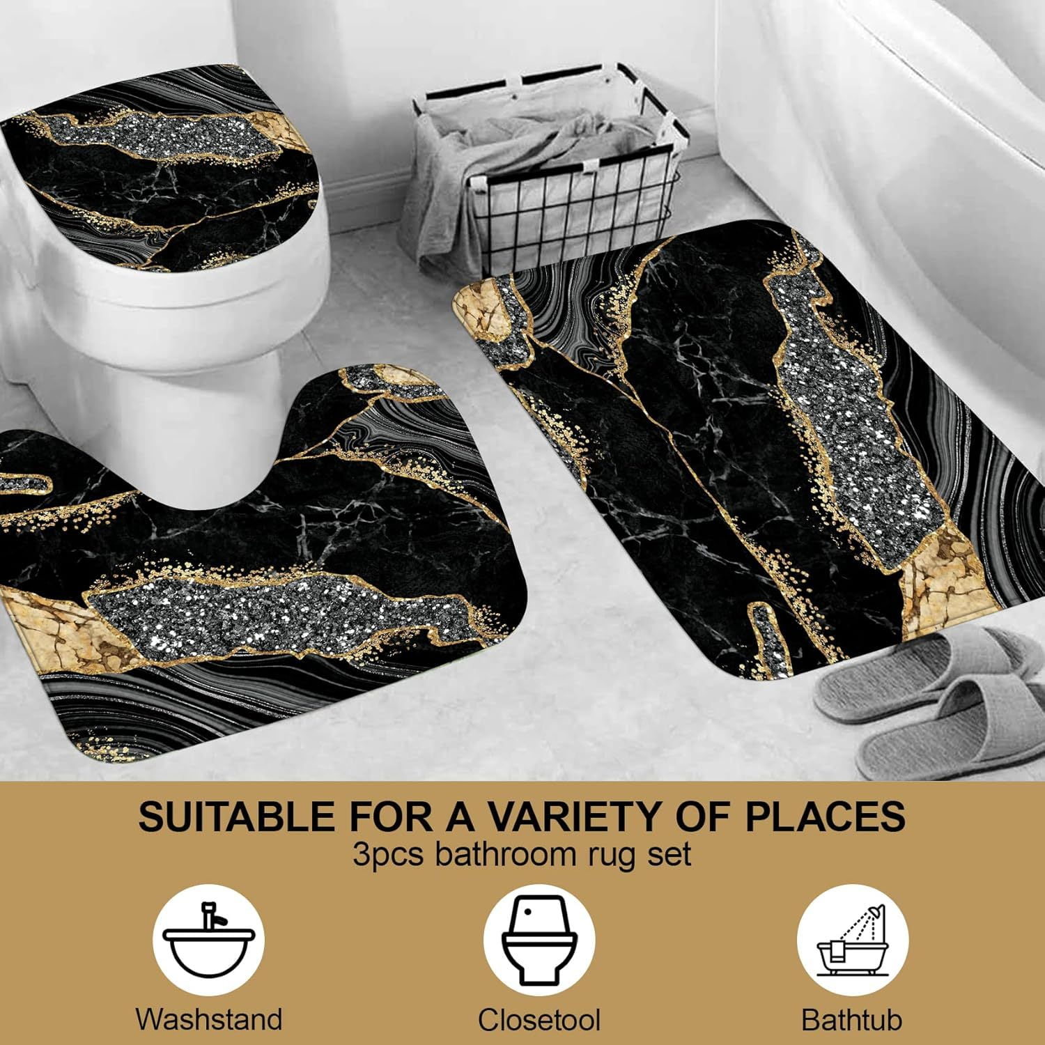 4-piece Marble Shower Curtain Set Bathroom Set with Shower Curtain, Toilet Seat Carpet U-shaped Toilet Seat
