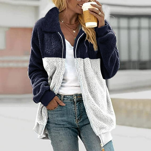 Liquidation à Moins de 7! Mode Femme Sevevn Manches Longues Col Rabattu Patchwork Fermeture Éclair Poches Blouse Manteau Décontracté Économies Nouvel An Marine m