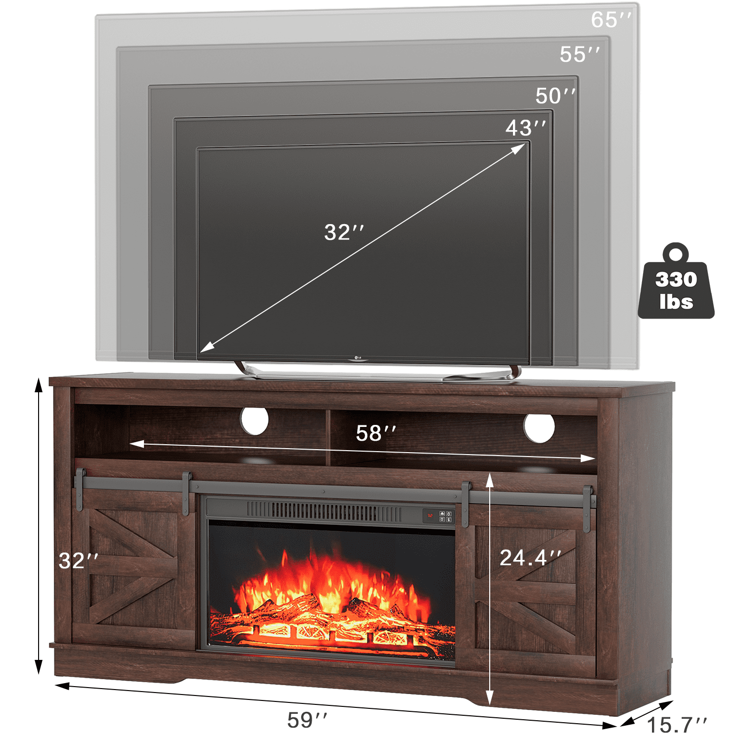 Homall Modern Farmhouse TV Stand with Electric Fireplace Media Storage TV Console Sliding Cabinet Doors,Brown