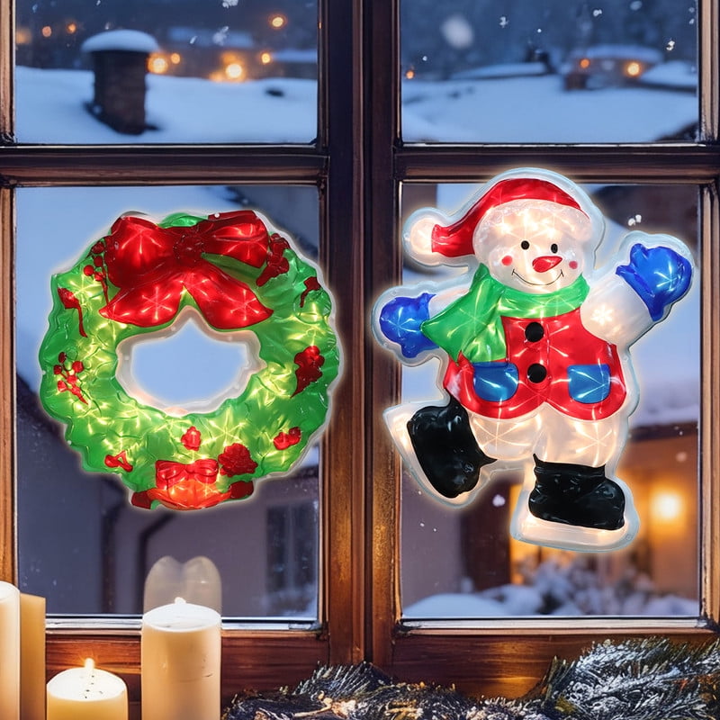 2-Pack Lighted Christmas Window Silhouette Decorations | Snowman & Christmas Wreath Designs | Indoor Decor for Window, Glass Wall