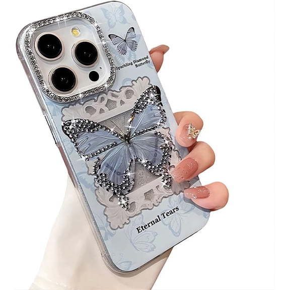 for iPhone Case,Luxury Sparkling Diamend Glitter Rhinostone Butterfly Camera Lens Protection Shockproof Phone Case (Blue,iPhone 12 Pro)