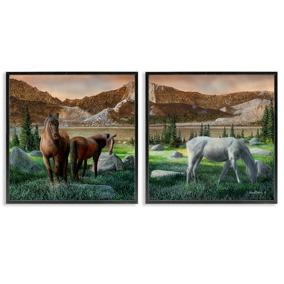 Stupell Industries Country Valley Horses Grazing Animals Painting Black Framed Art Print Wall Art, 12 x 12, Set of 2