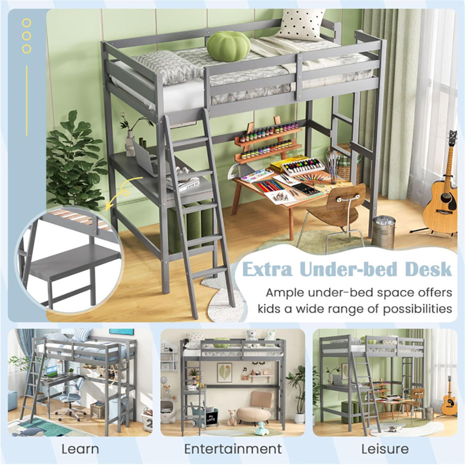 Demi Bonn Loft Bed Twin Size, Solid Wood Loft Bed with Desk Angled and Built-in Ladder, Modern Wooden Playhouse Bed Frame, Gray