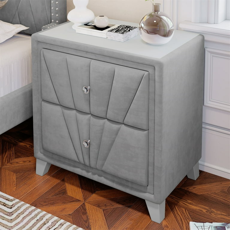 Velvet Nightstand with 2 Drawers Contemporary Upholstered Velvet