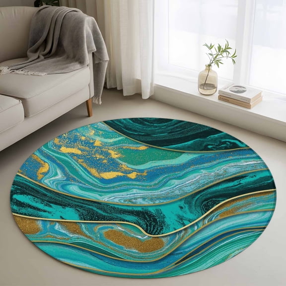 Round Area Rug 3 Ft, Dark Green Marble Washable Non-Slip Circle Carpet for Living Room/Bedroom, Modern Abstract Art Marble Fluid Low-Profile Small Floor Mats Collection Rugs for Indoor