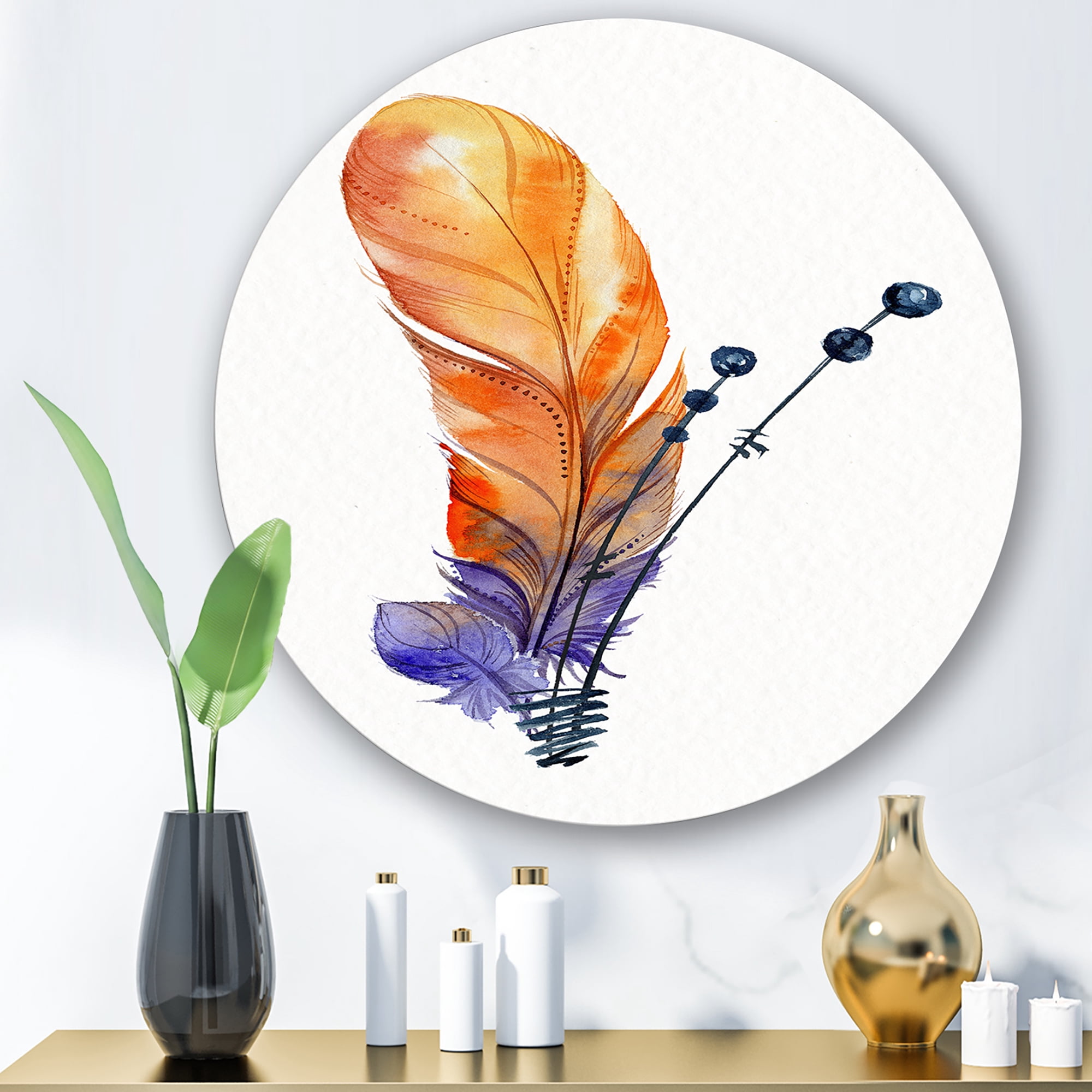 Designart 'Ethnic Orange Animal Feather Composition' Bohemian & Eclectic Circle Metal Wall Art 11x11 - Disc of 11