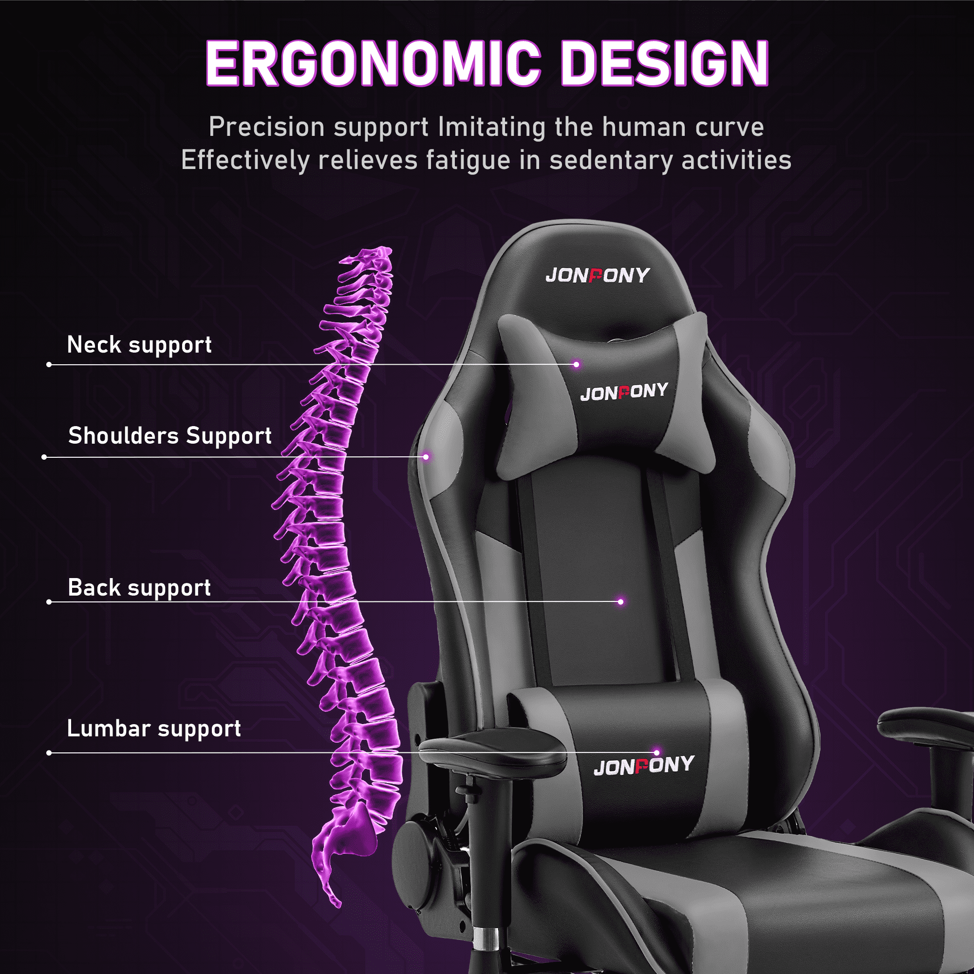 JONPONY Game Chair,Ergonomically Designed Computer Chair with headrest and 2D Armrests,with Footrest and Lumbar Support,High Back Office Chair Support 8 Hours Long Sitting,Computer Chair,BLACK