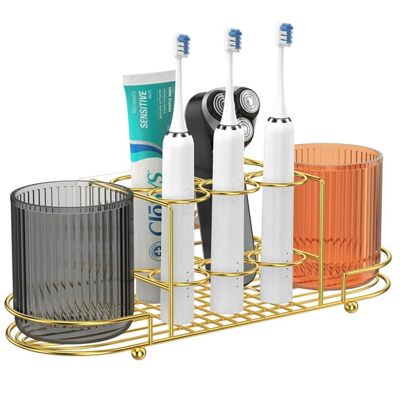 Toothbrush Holders with 2 Cup - Wall Mount Electric Toothbrush Holder Gold Stainless Steel Electric Razor Holder Toothpaste Holder Bathroom Organizer