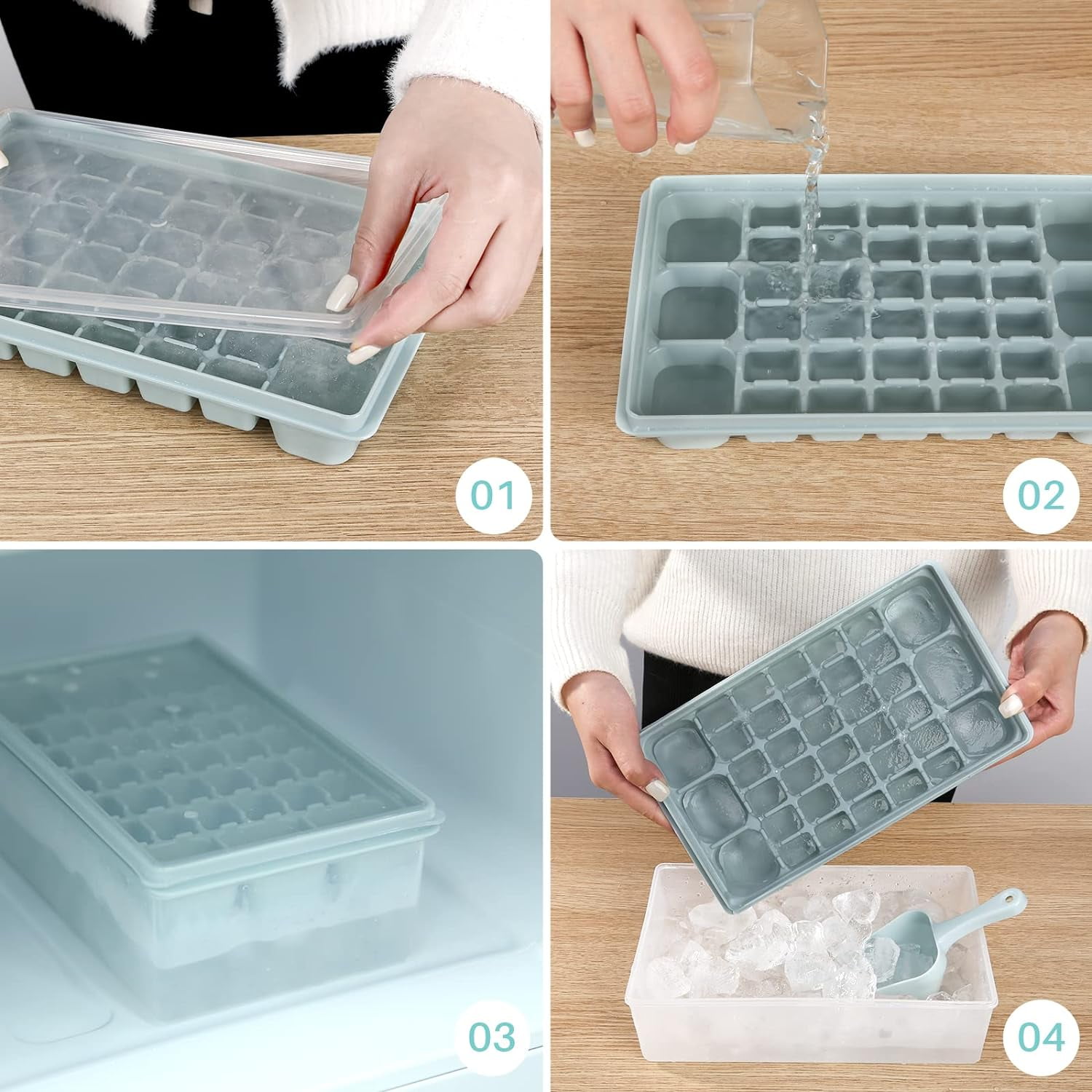 Ice Cube Tray with Lid and Freezer Storage Bin - Molds BPA Free Container | Scoop Easy Removable Bucket Large Mold Maker, Light Blue