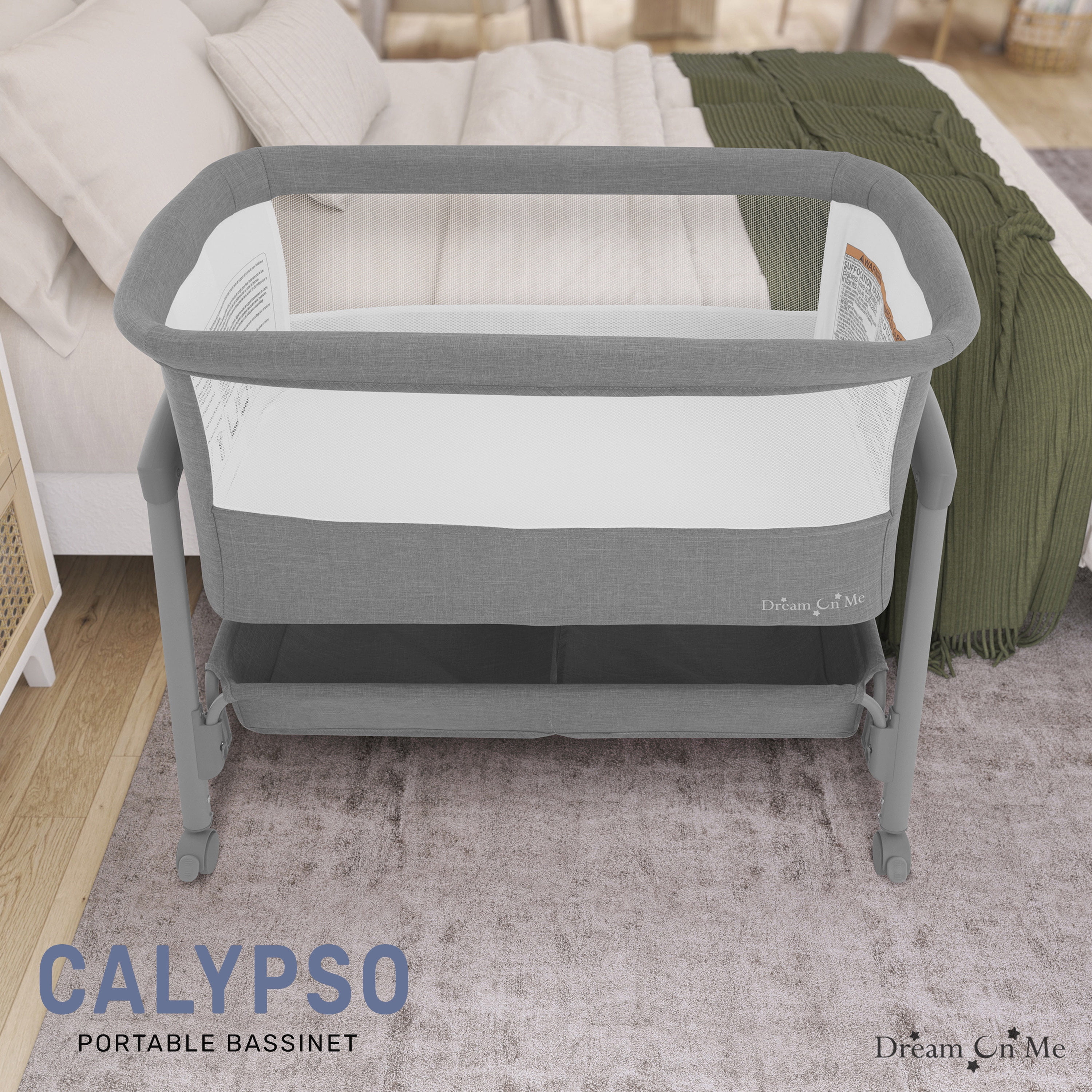Dream On Me Calypso Portable Bassinet with Wheels, Adjustable Height, Gray