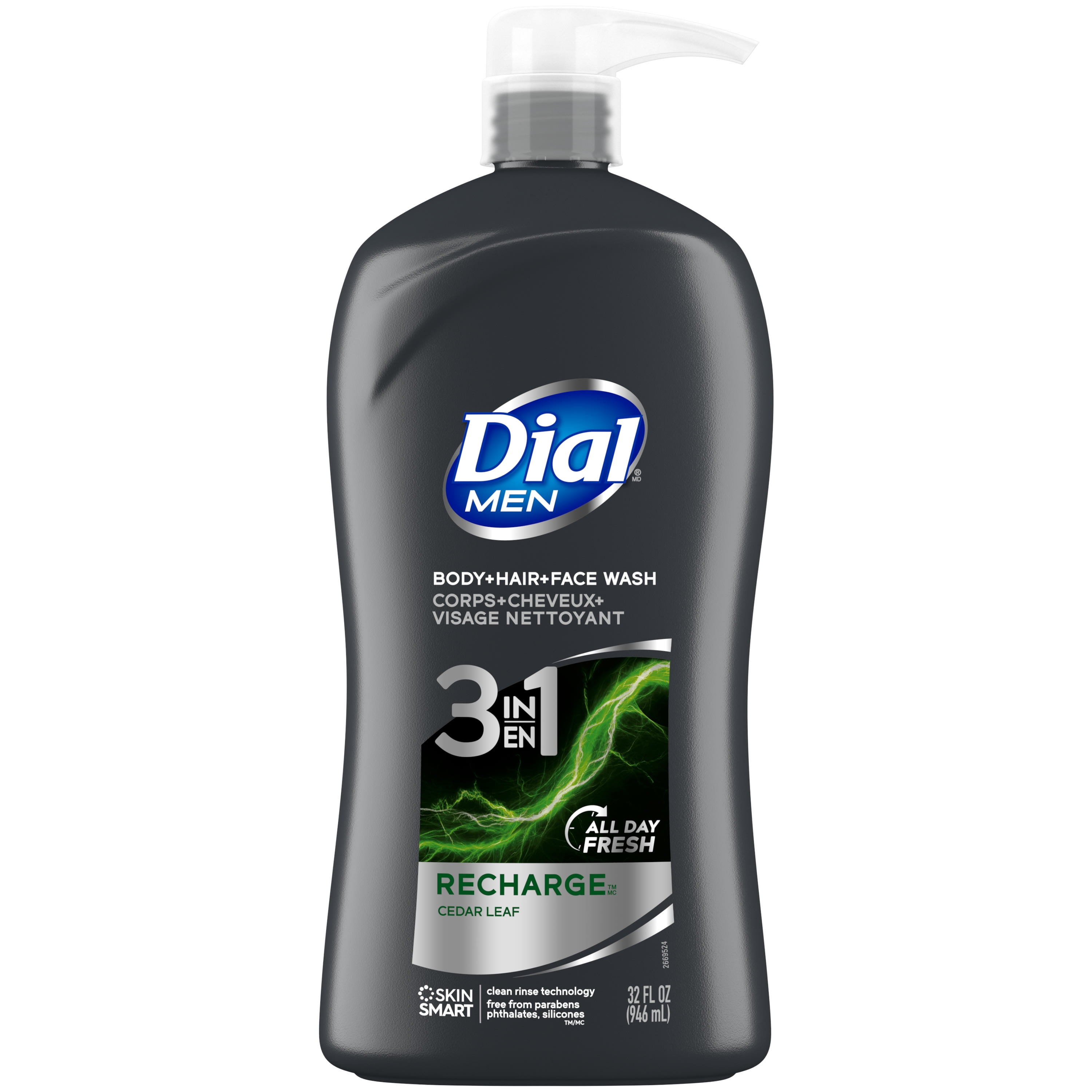 Dial Men 3in1 Body, Hair and Face Wash, Recharge, Cedar Leaf Scent, 32 fl oz