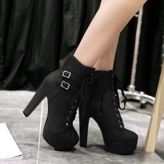 Tejiojio Fall Clearance Women's Shoes Warm Lace Up Super High Heel Thick Heel Round Toe Belt Buckle Mid Tube Boots