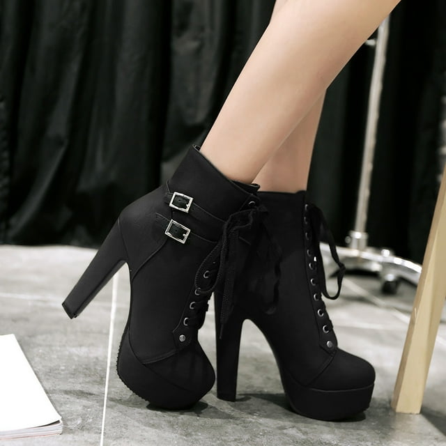 Zapatos de mujer Cálidos con cordones Tacón súper alto Tacón grueso Punta redonda Hebilla de cinturón Botas de tubo medio Wmkox8yii hfjk1055