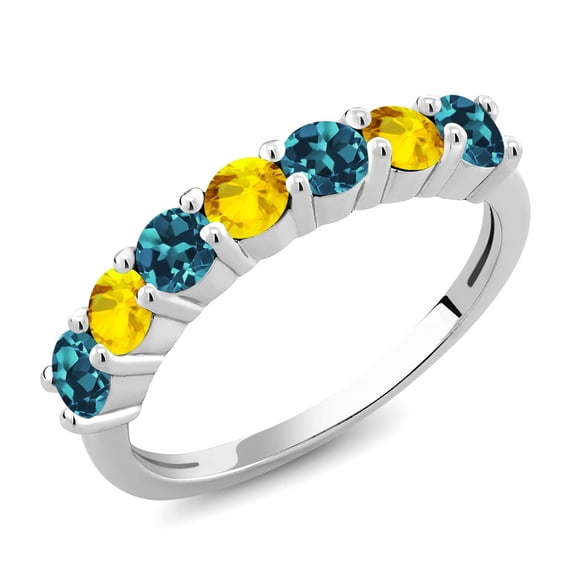 Gem Stone King 925 Sterling Silver Round London Blue Topaz Yellow Sapphire Anniversary Ring for Women (1.36 Cttw, Gemstone Birthstone, Size 9) (Size 9)