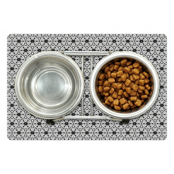 Grey and White Pet Mat for Food and Water, Boho Style Greyscale Flower Motifs with Eastern Art Inspiration, Non-Slip Rubber Mat for Dogs and Cats, 18" X 12", by Ambesonne