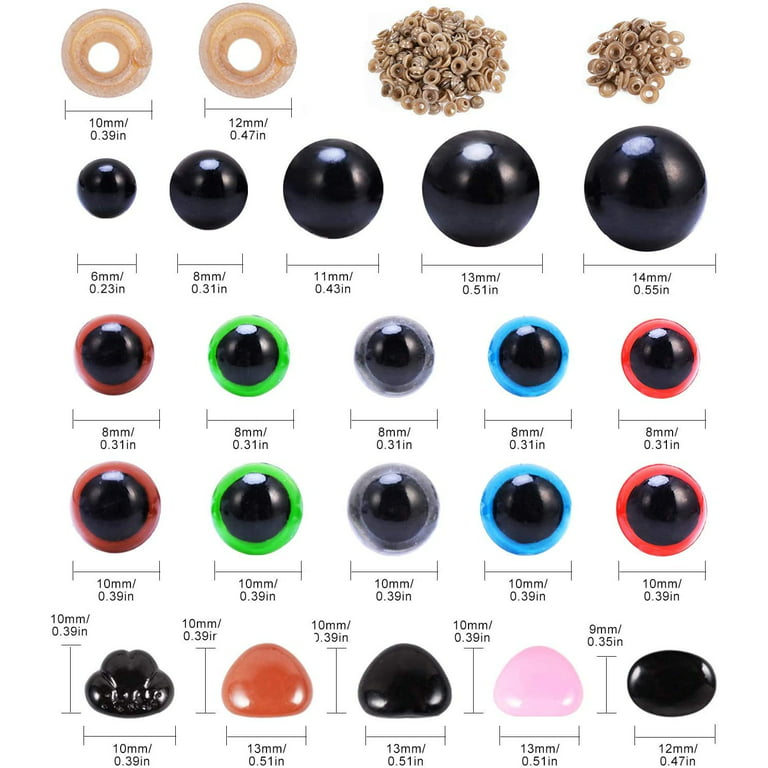 90 Pieces 10-22 mm Plastic Safety Eyes and Safety Nose Set with Washers, 6  Sizes Black Doll's Eyes Safety Eyes for Crochet Animals Safety Noses for