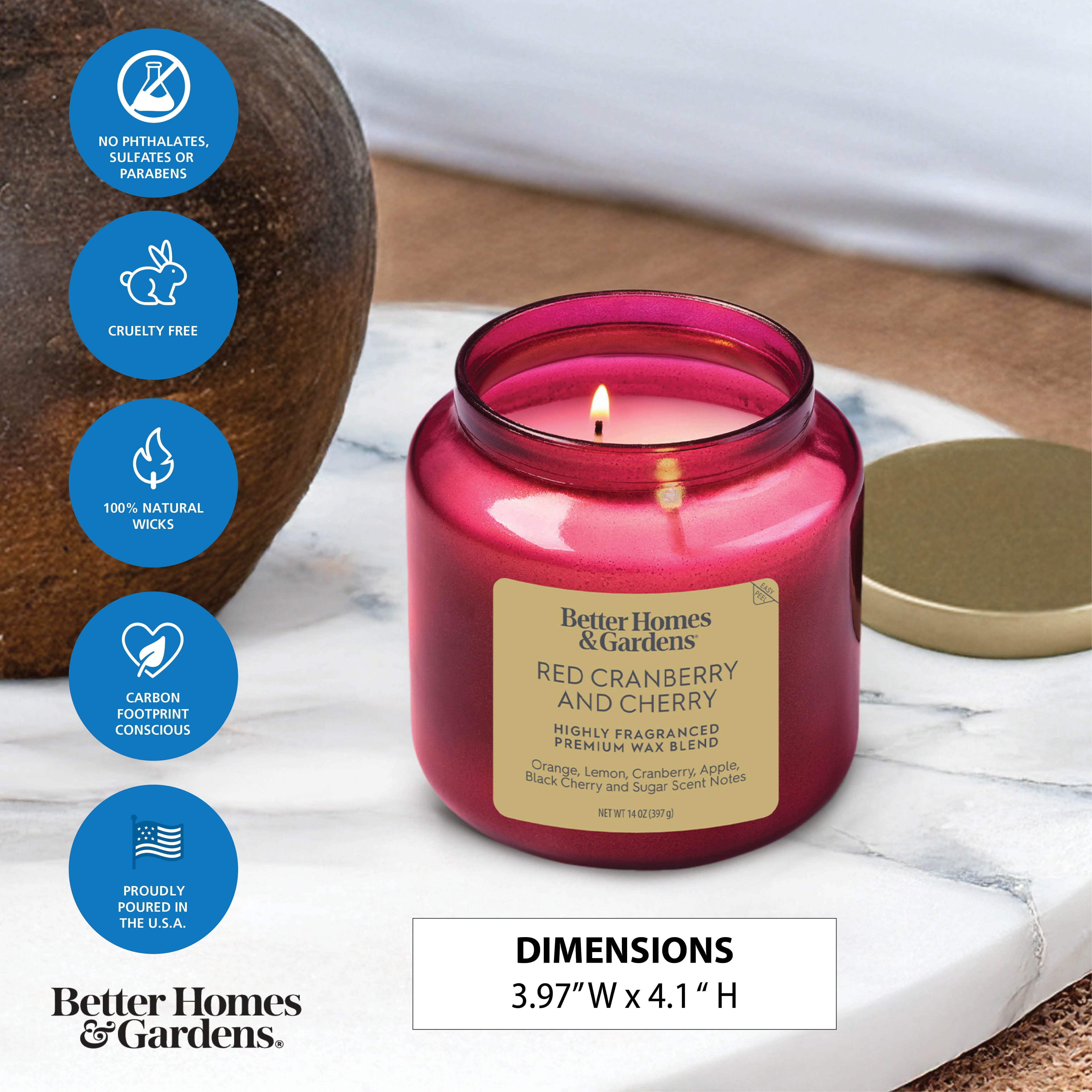 Better Homes & Gardens 2-Wick Red Glass Jar Candle with Gold Lid, Red Cranberry & Cherry, 14oz.