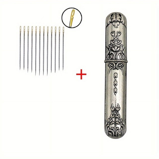 HLONK 1pc Vintage Embossed Alloy Needle Case With 12/24pcs Side Threading Blind Needles Set Sewing Needle Storage Container Elegant Craftsmanship