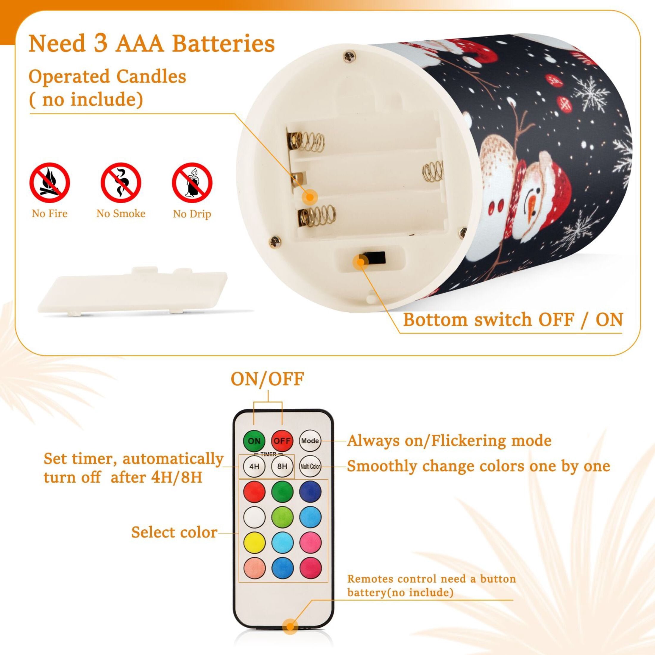 Cute Snowman Black Background Flickering Flameless Candles Battery Operated with Remote Timer LED Pillar Candles Set of 2