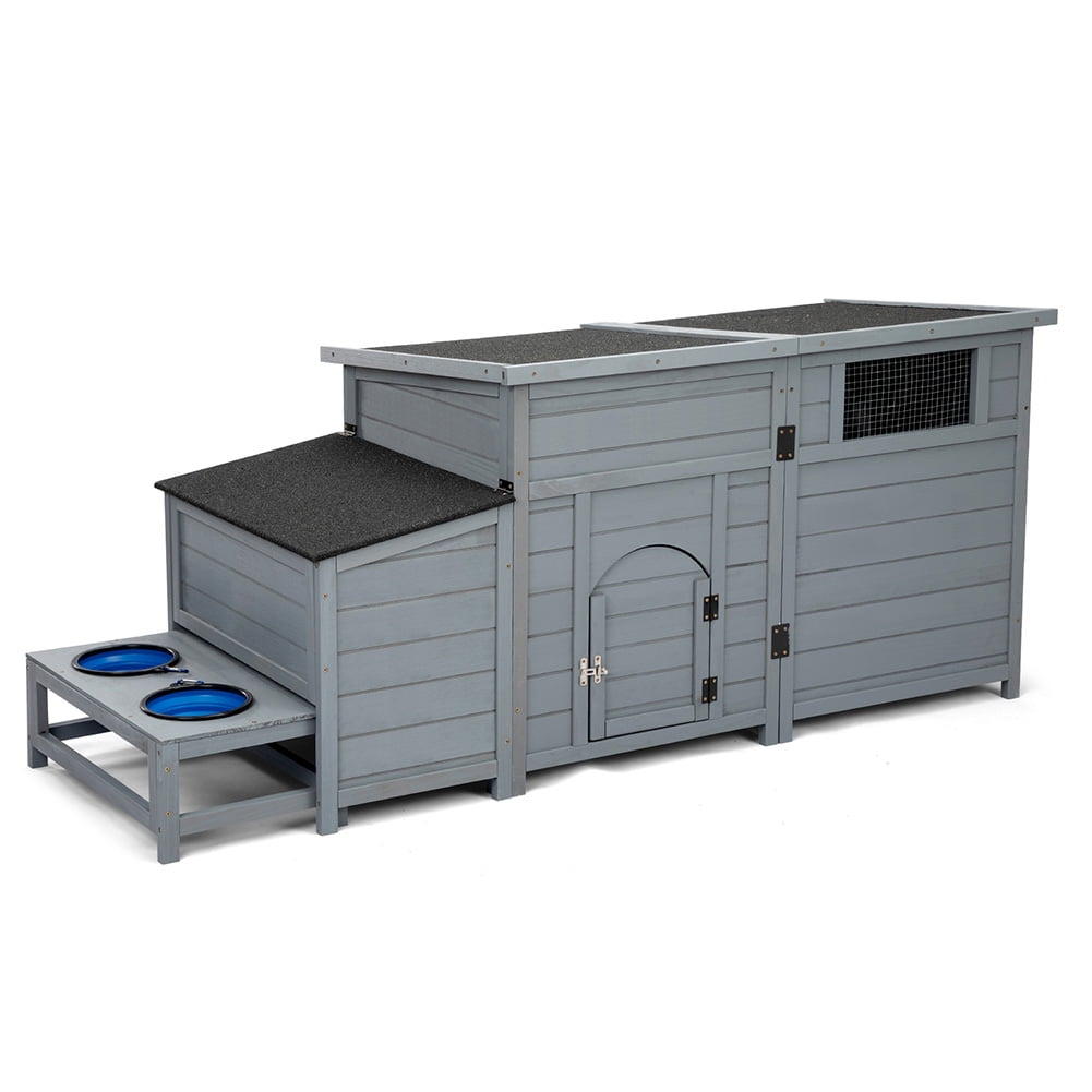Spaco Wooden Dog House with Storage Box, Openable Roof, Outdoor Dog Kennel with Food Bowls, Dog Pet Playpen Cage, Gray