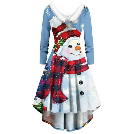 

Honeeladyy Women Long Sleeve Christmas Printed Furry V-Neck Draw Back Swing Party Dress Sales Online