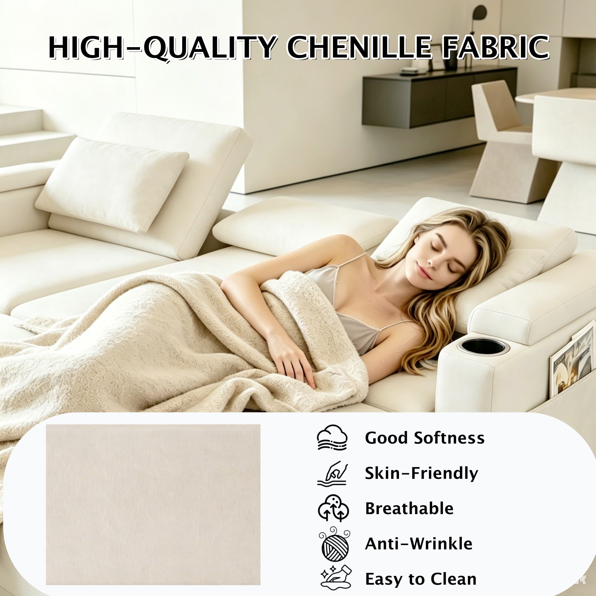 ShiKeyi 83" 3-in-1 Convertible Sofa Bed, Chenille 3 Seater Couch with Adjustable Backrest, USB Ports, Storage Armrests & Fold-Down Table, Off White