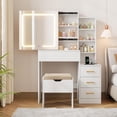 thumbnail image 1 of Makeup Vanity Desk with Sliding Mirror, Vanity Dressing Table with 3 Color Adjustable Lights, Girls Vanity Set with Stool, 4 Compact Vanity Drawers, Power Outlet, 1 of 8
