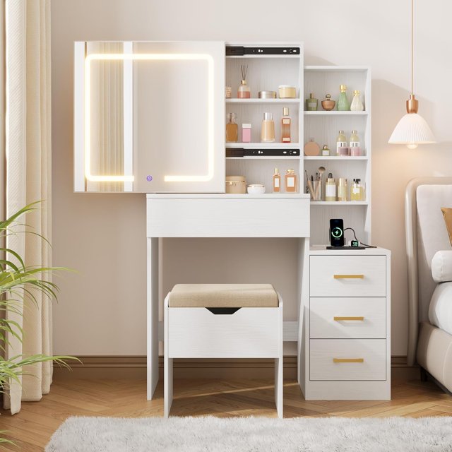 Makeup Vanity Desk with Sliding Mirror, Vanity Dressing Table with 3 Color Adjustable Lights, Girls Vanity Set with Stool, 4 Compact Vanity Drawers, Power Outlet