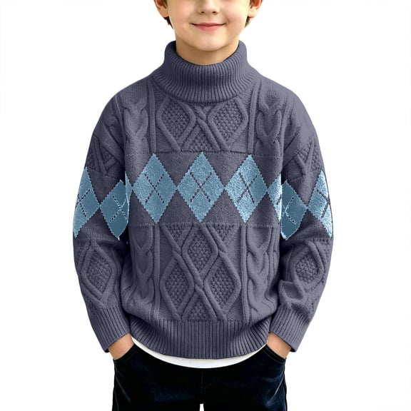 AUDeals Boys Turtleneck Argyle Cable Knit Sweater Pullover Sweater Long Sleeve Knitwear Preppy Casual Layering Top for Daily Wear (Navy, 7-8 Years)