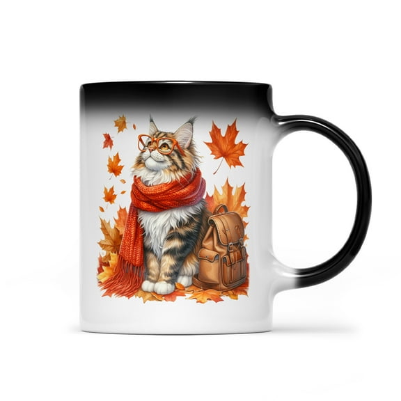Welcome Fall Maine Coon Enjoys School Time Autumn Fall Leaves Heat Color Changing Mug Cat Lover Kitten Owner Gifts Magic Coffee Mug - 02013