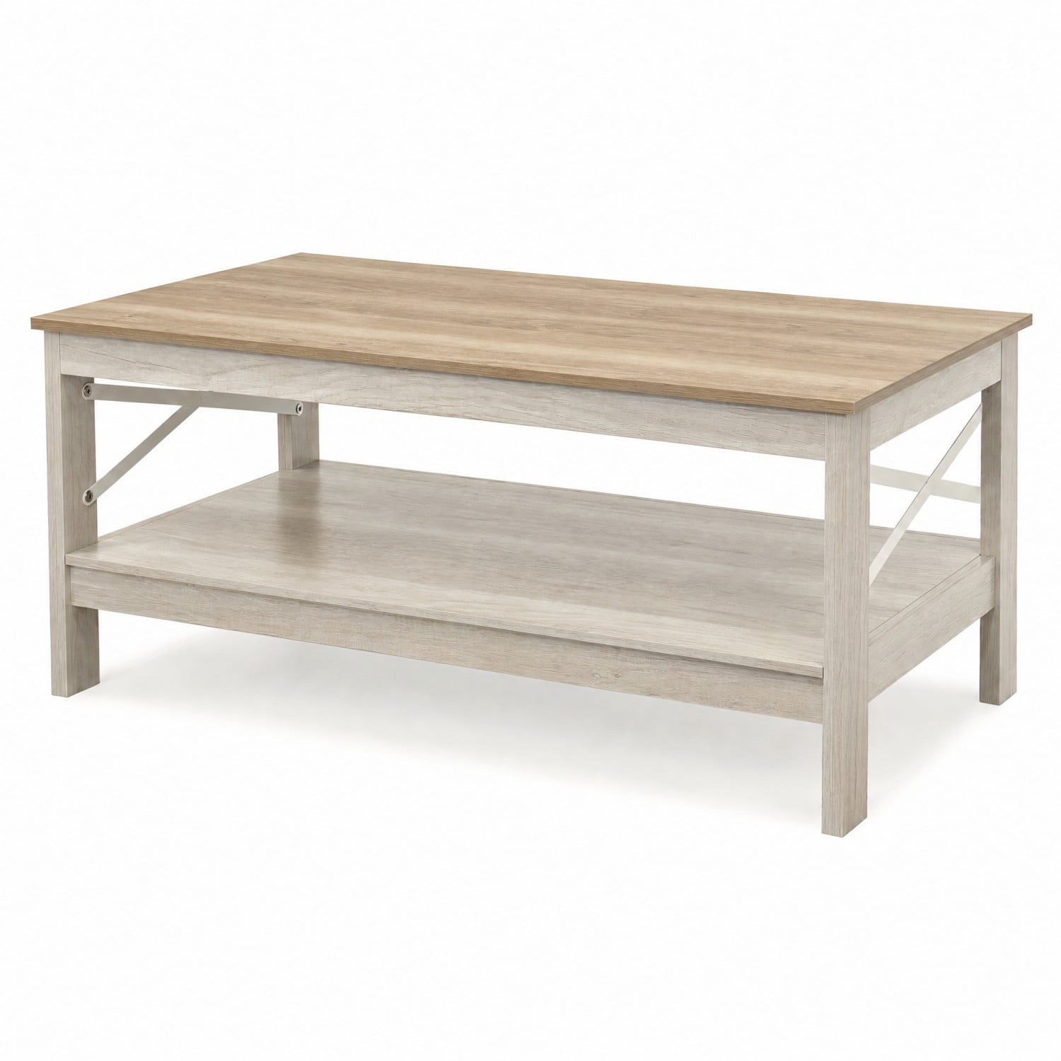 Easy4Home Coffee Table with Open Storage Shelf,2-Tier Rustic Farmhouse Center Table for Living Room, Natural Oak