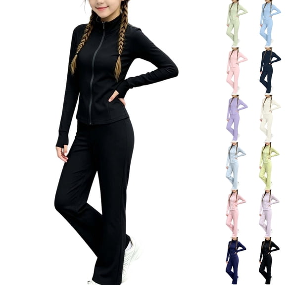 Husipze Sports Two Piece Yoga Set Girls Straight Leg Elastic Waist Flare Soft Pants and Stretchy Athletic Zipper Jacket Sweatsuit for Kids Black 3-4 Years