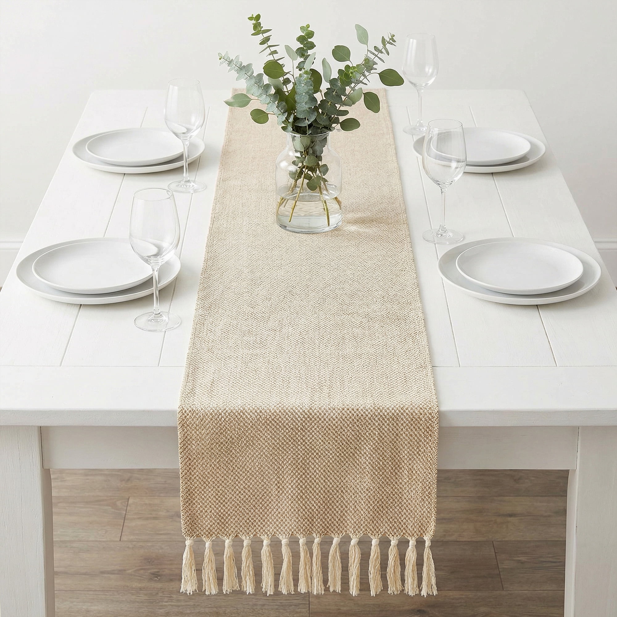 Unique Bargains Long Washable Tassels Table Runner for Decorations Waffle 13"x72"