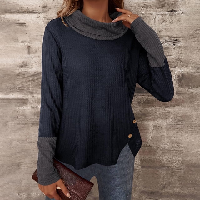 EGNMCR Chandail Col Roulé Mode Femme Contrastant Tricoté Décontracté Col Haut Automne Chandail Haut Femme Blouse Polyester