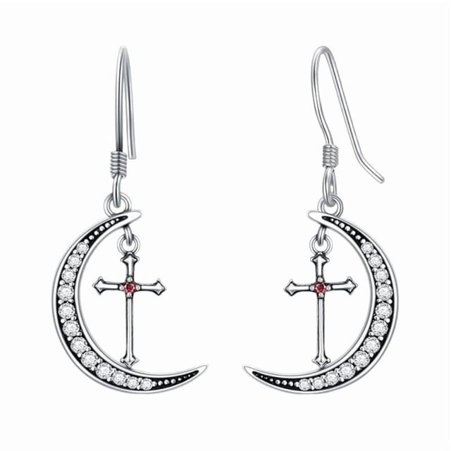 Aretes de Mujer de Plata 925 con Cruz retro de Luna y Diamantes con Tachuelas, Aretes Colgantes Personalizados y Simples de Nicho
