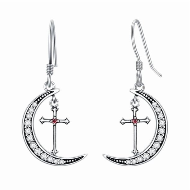 Aretes de Mujer de Plata 925 con Cruz retro de Luna y Diamantes con Tachuelas, Aretes Colgantes Personalizados y Simples de Nicho