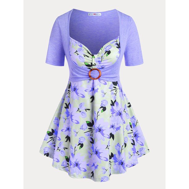 Camiseta con Estampado de Flores y Anillo Rosegal Camisetas tallas grandes