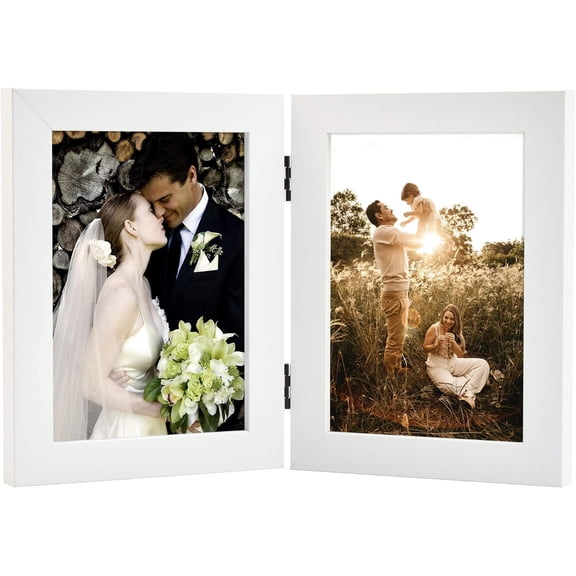 JJEAN-, 5x7 Double Picture Frame Vertical Hinged Photo Frame 2 Opening Folding Family Frames Collage, with Real Glass (5x7, White, 1-Pack)