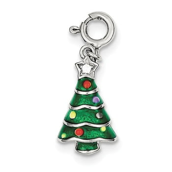 Lex & Lu Sterling Silver Rhodium-platedEnamel Christmas Tree Charm 