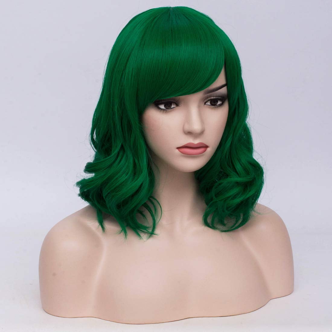 BERON Dark Green Short Wigs Curly Wavy Women Wig with Side Part Bangs Synthetic Hair Wigs