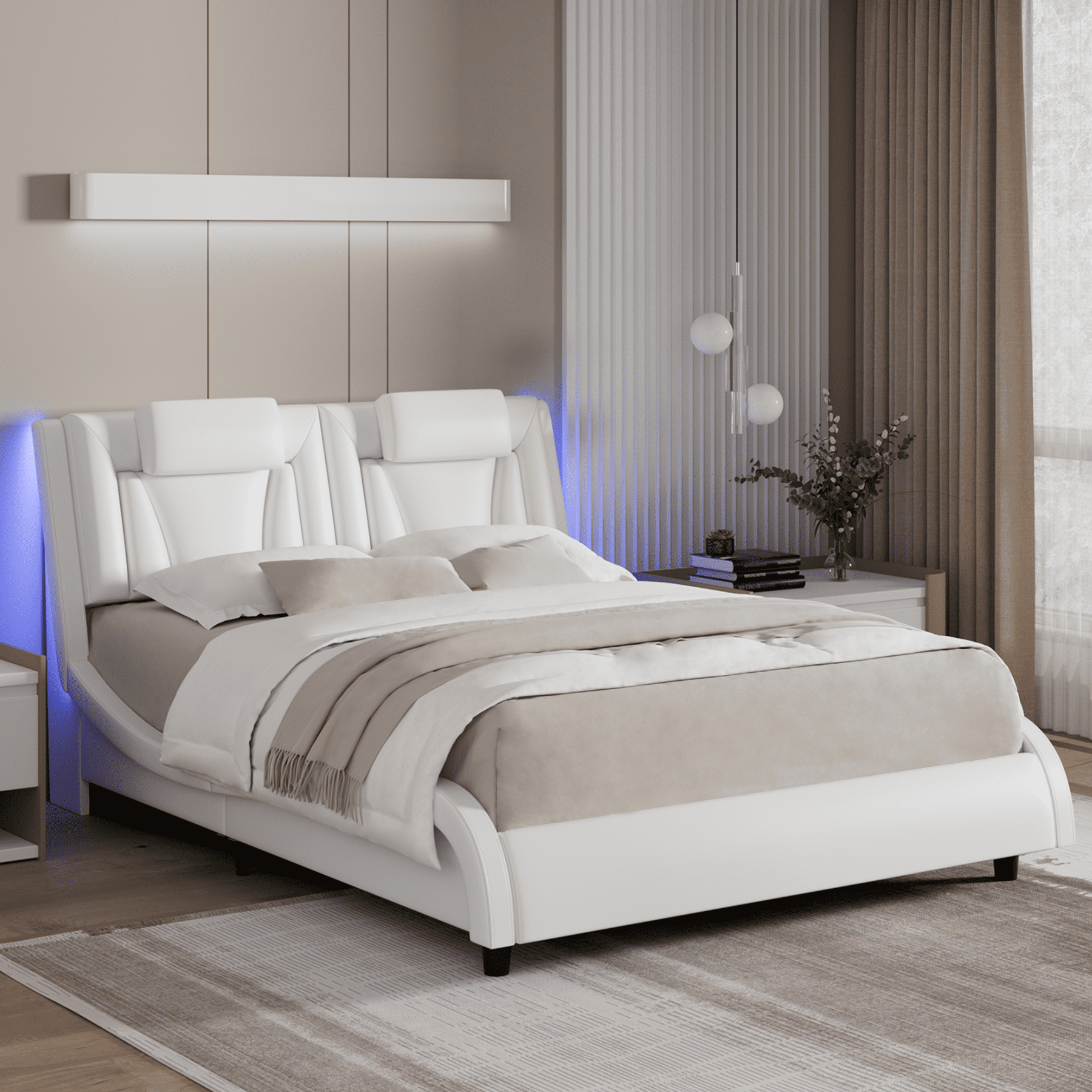 Homfa Queen Bed Frame with Adjustable LED Headboard, PU Leather Curved Upholstered Platform Bed Frame, White