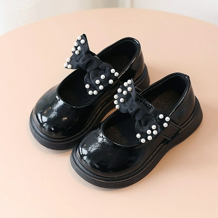 

Girls Pearls Bow Patent Leather Dress Shoes Wedding Gown Thick Shoes