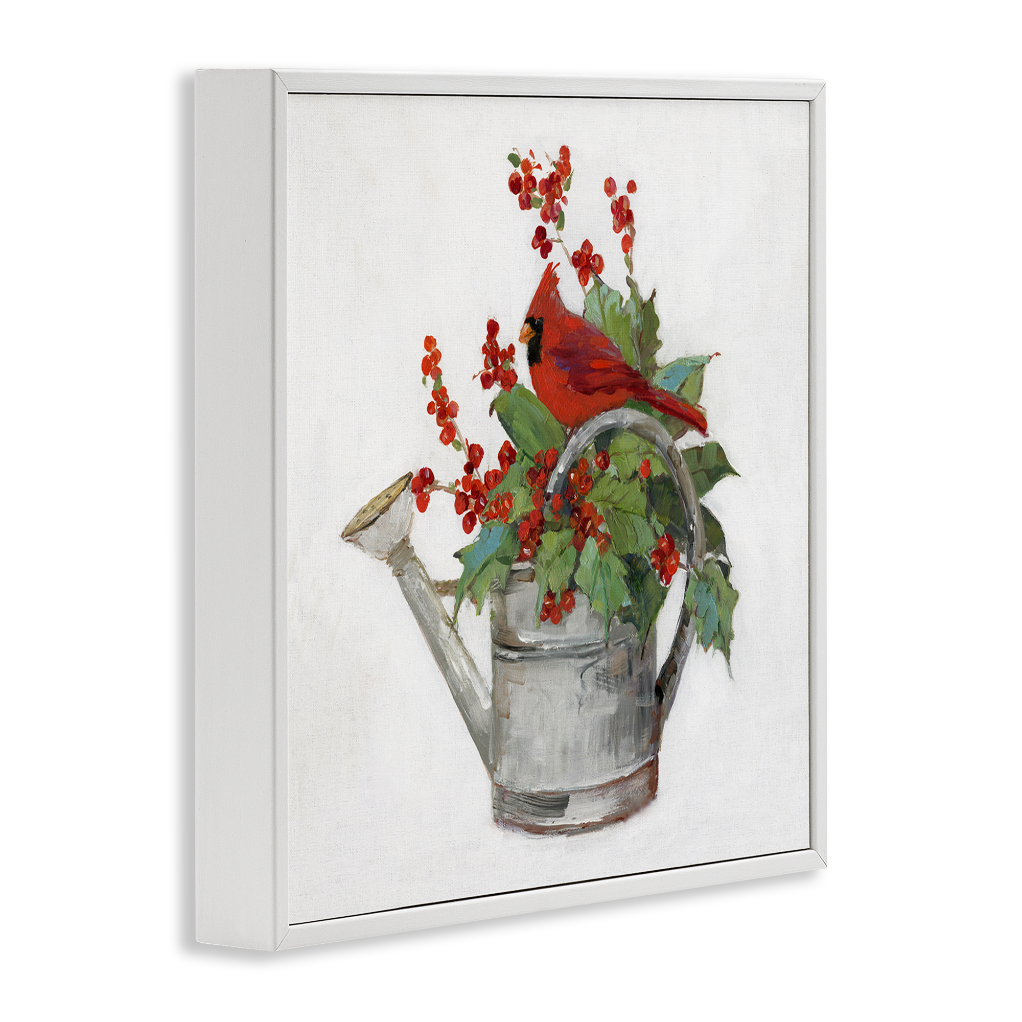 Stupell Industries Cardinal & Watering Can Holiday Painting White Framed Art Prints Wall Art, 24 x 24