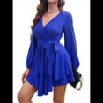 thumbnail image 3 of Vestido Corto de Mujer, Larga, Escote en V Profundo, Cintura con Lazo y Volantes, Estilo . Azul XL, 3 of 8